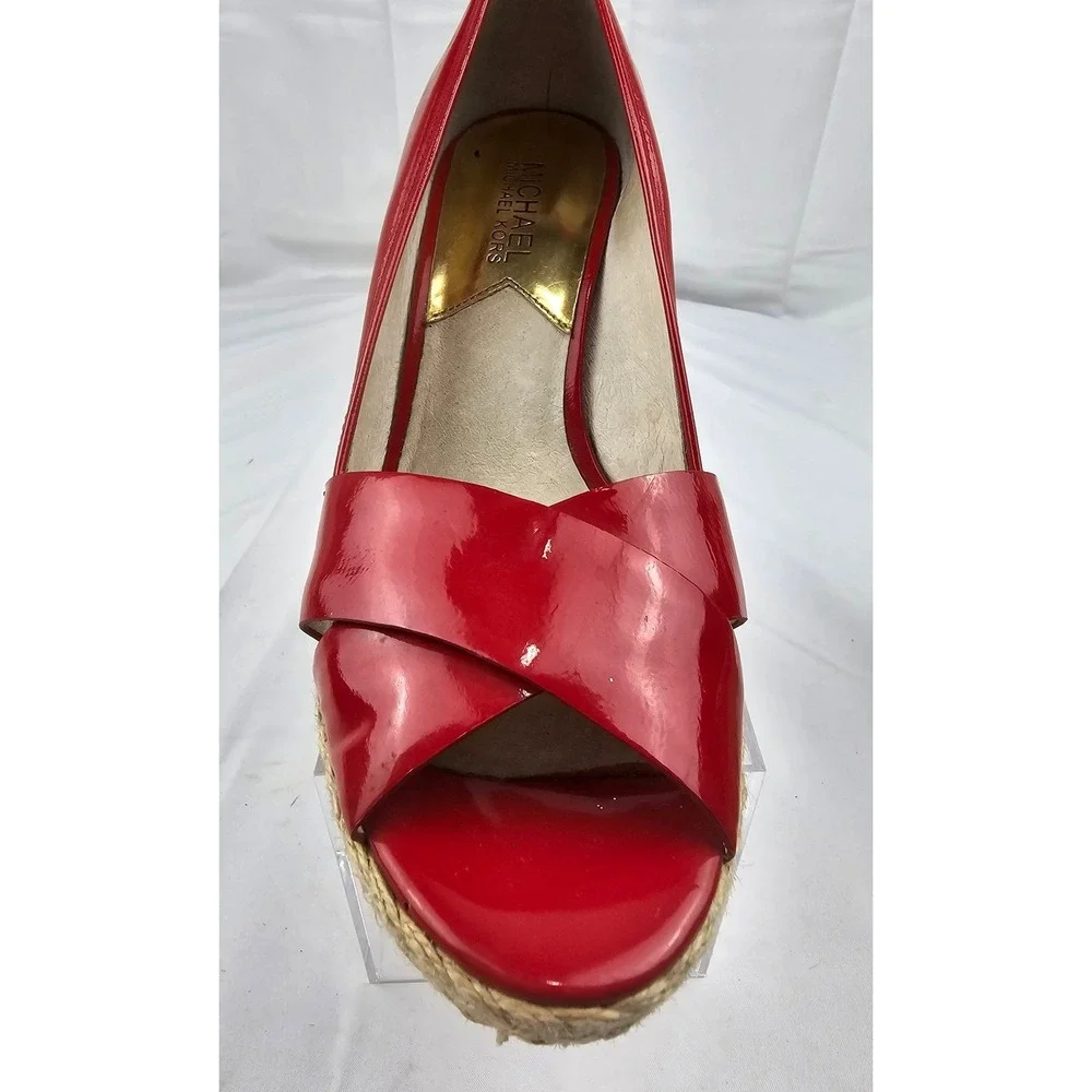 Michael Kors Red Patent Leather Espadrille Platform Wedge Heels Shoes Size 7.5